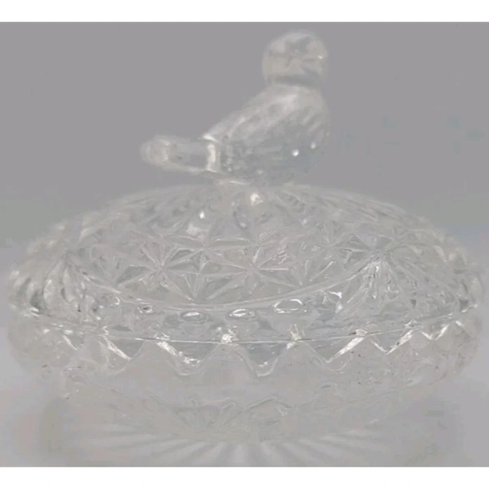 Vintage Crystal Clear Trinket Ring Dish with Bird Lid‎ Tiny Pressed Glass